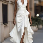 Erica | Women's Satin Wrap Halter Cocktail Dress - White