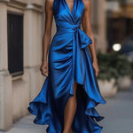 Erica | Women's Satin Wrap Halter Cocktail Dress - Royal Blue