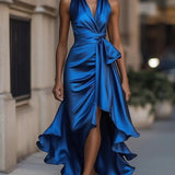 Erica | Women's Satin Wrap Halter Cocktail Dress - Royal Blue