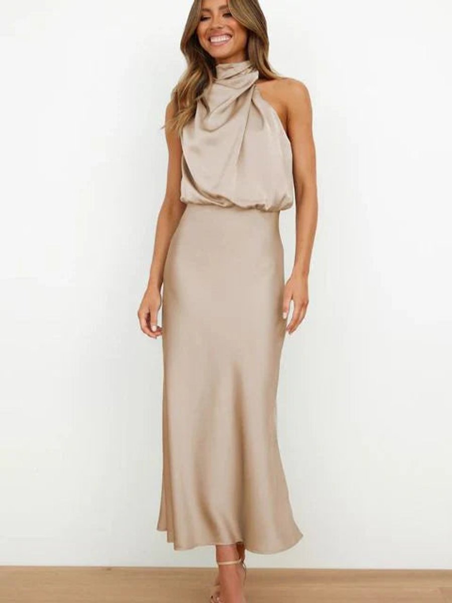 Nell | Women's Satin Halter Midi Cocktail Dress - Beige
