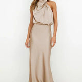 Nell | Women's Satin Halter Midi Cocktail Dress - Beige