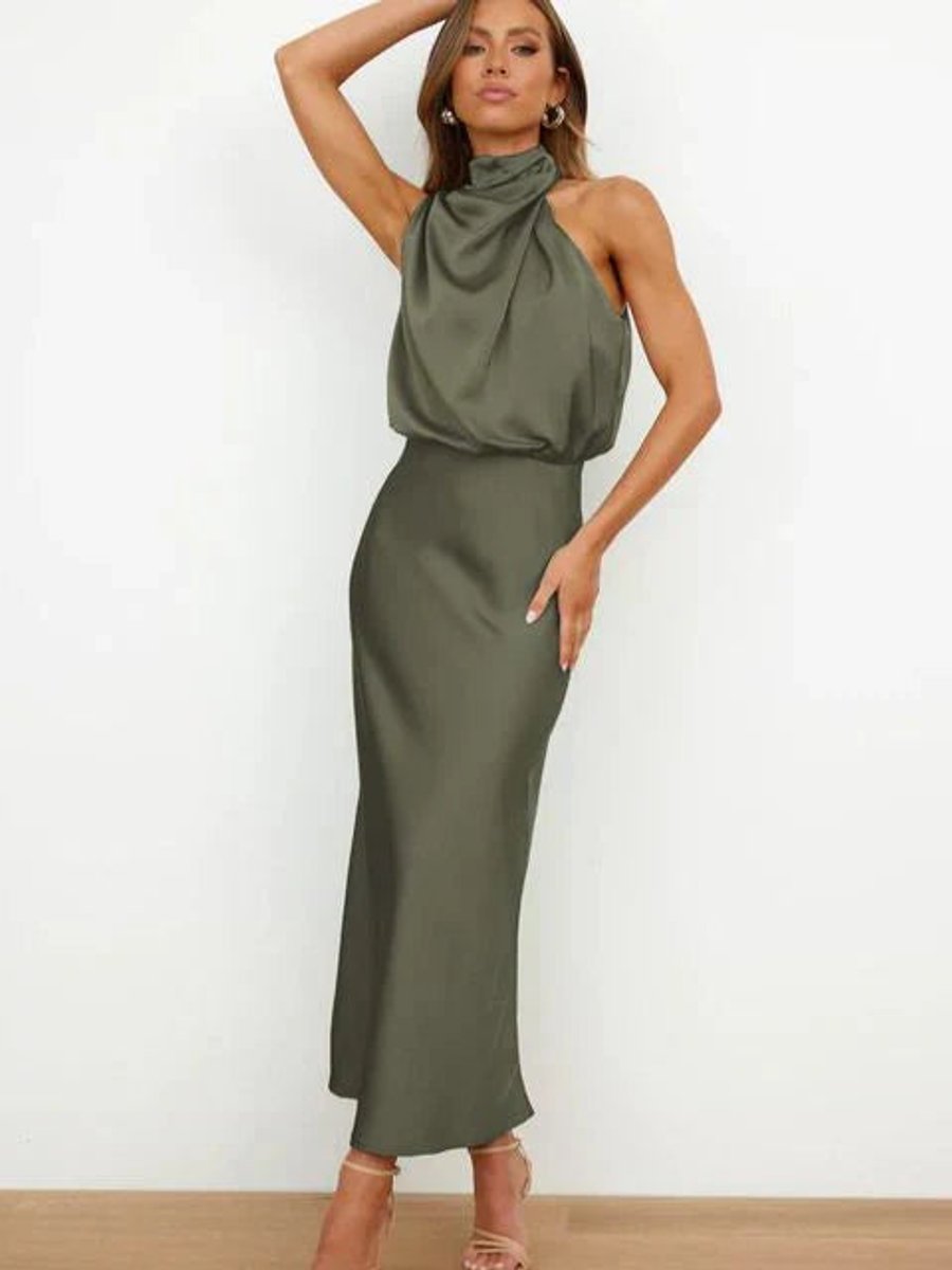 Nell | Women's Satin Halter Midi Cocktail Dress - Army Green