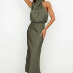 Nell | Women's Satin Halter Midi Cocktail Dress - Army Green