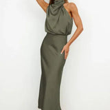 Nell | Women's Satin Halter Midi Cocktail Dress - Army Green