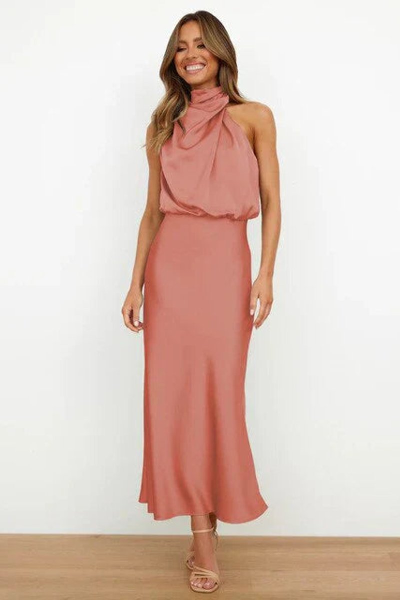 Nell | Women's Satin Halter Midi Cocktail Dress - Pink