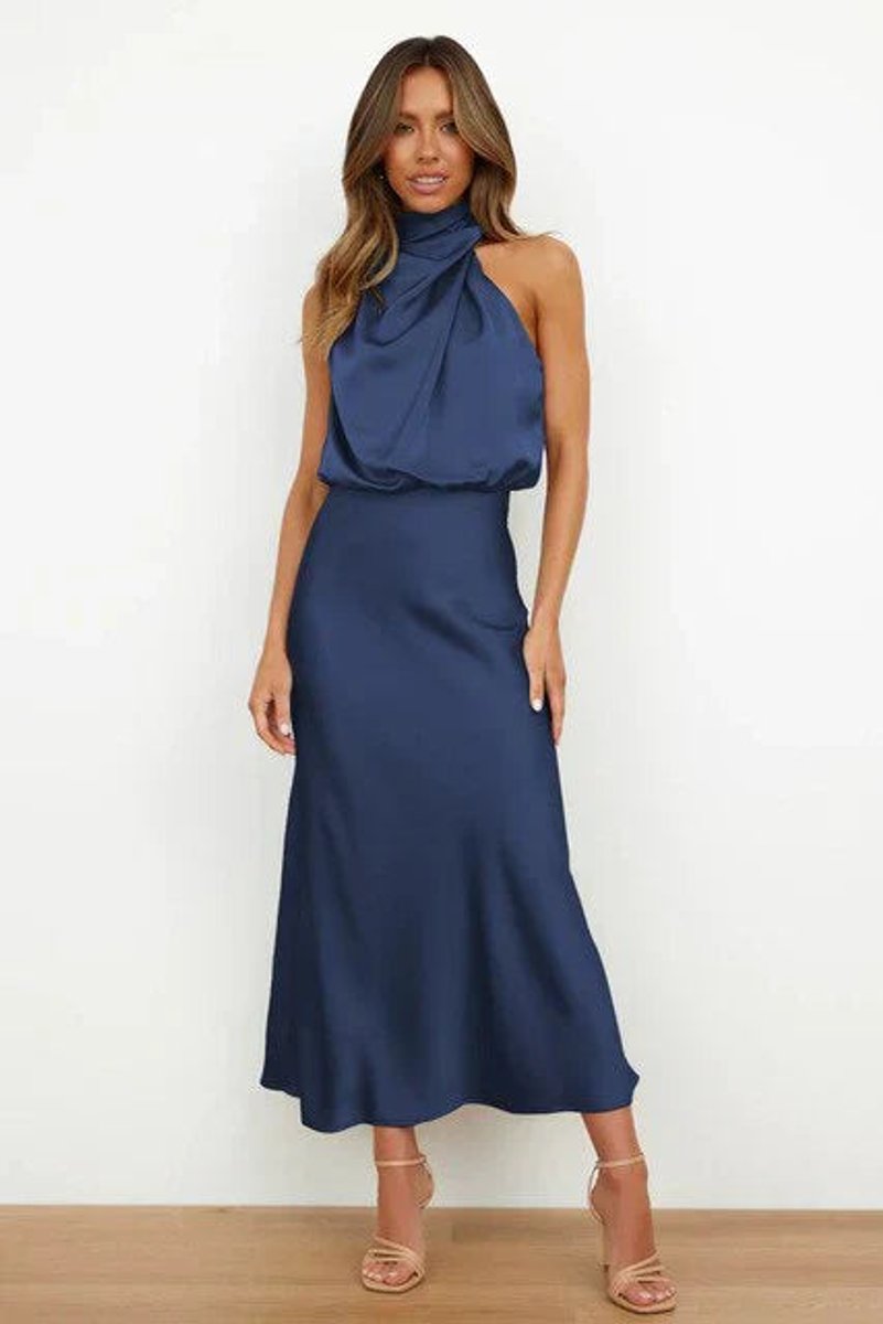 Nell | Women's Satin Halter Midi Cocktail Dress - Blue