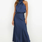 Nell | Women's Satin Halter Midi Cocktail Dress - Blue