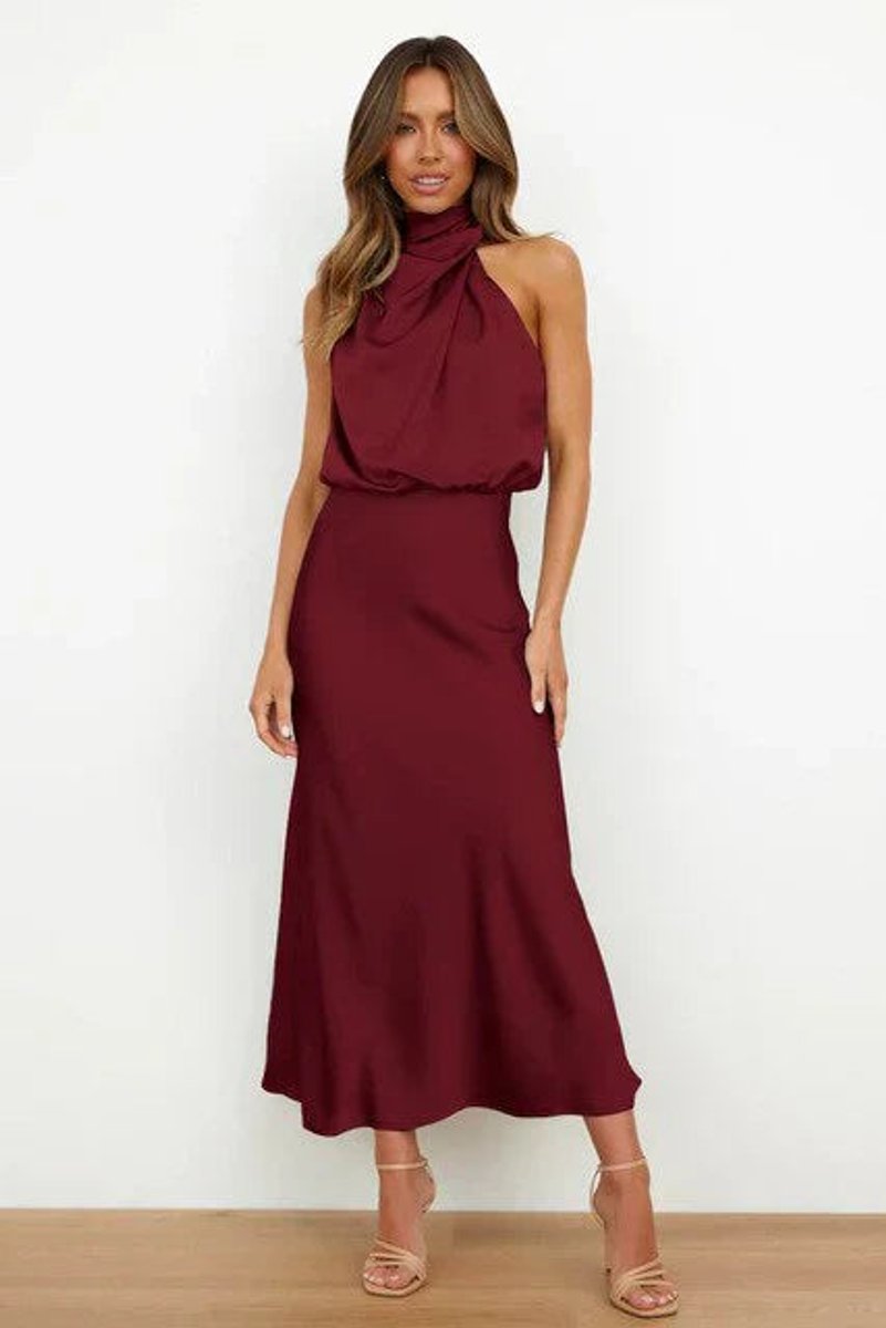 Nell | Women's Satin Halter Midi Cocktail Dress - Red
