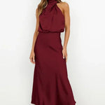 Nell | Women's Satin Halter Midi Cocktail Dress - Red
