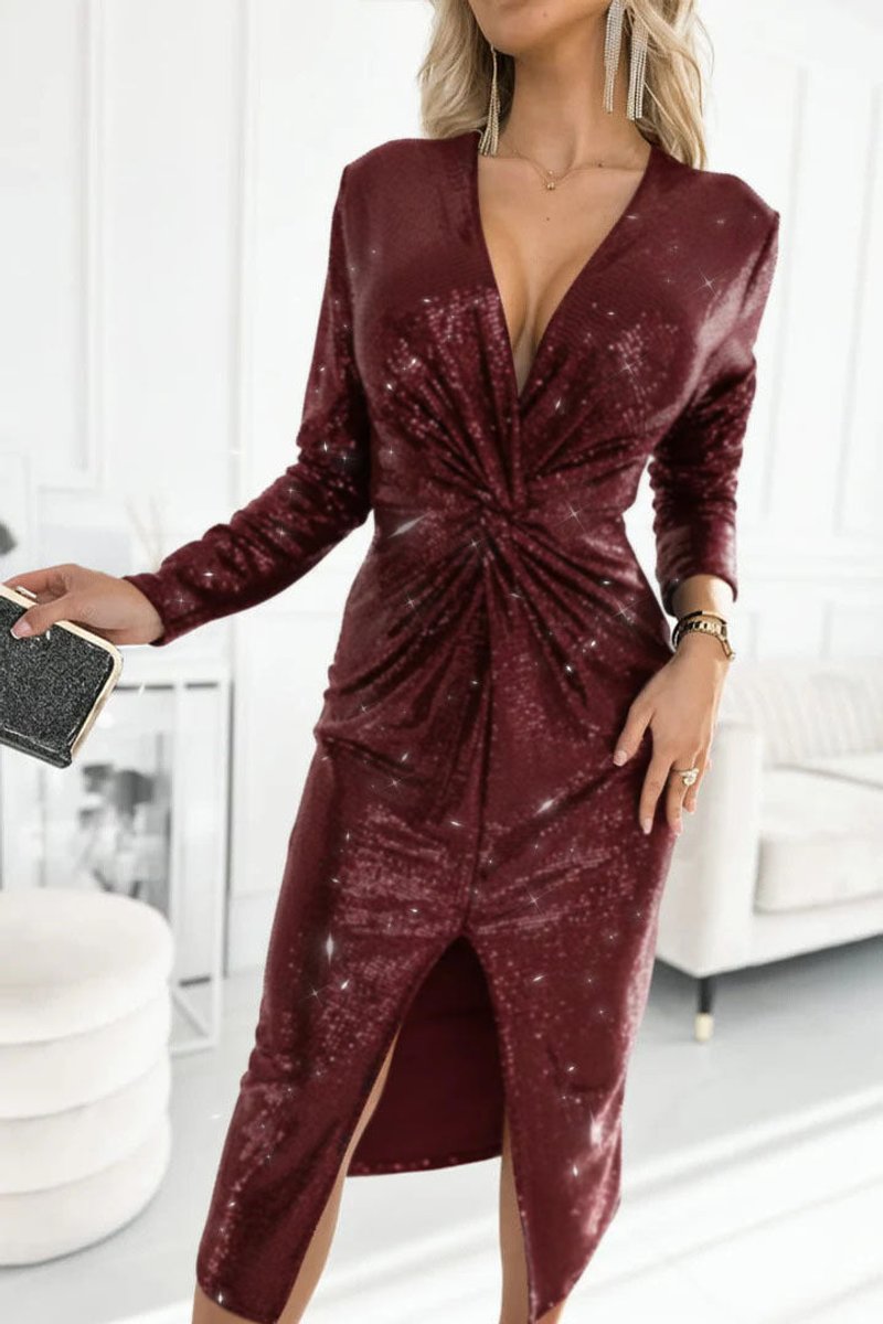 Sibyl | Women's Long Sleeve Sequin V Neck Cocktail Dress