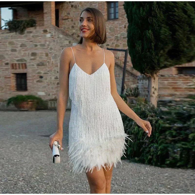 Violet | Women's Sequin Fringe Mini Cocktail Dress - White