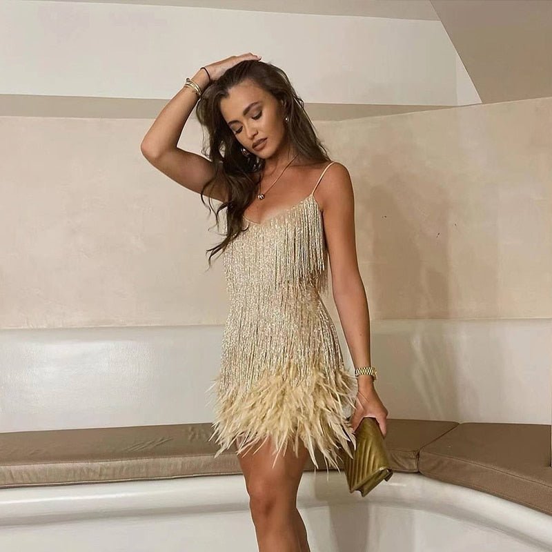 Violet | Women's Sequin Fringe Mini Cocktail Dress - Beige