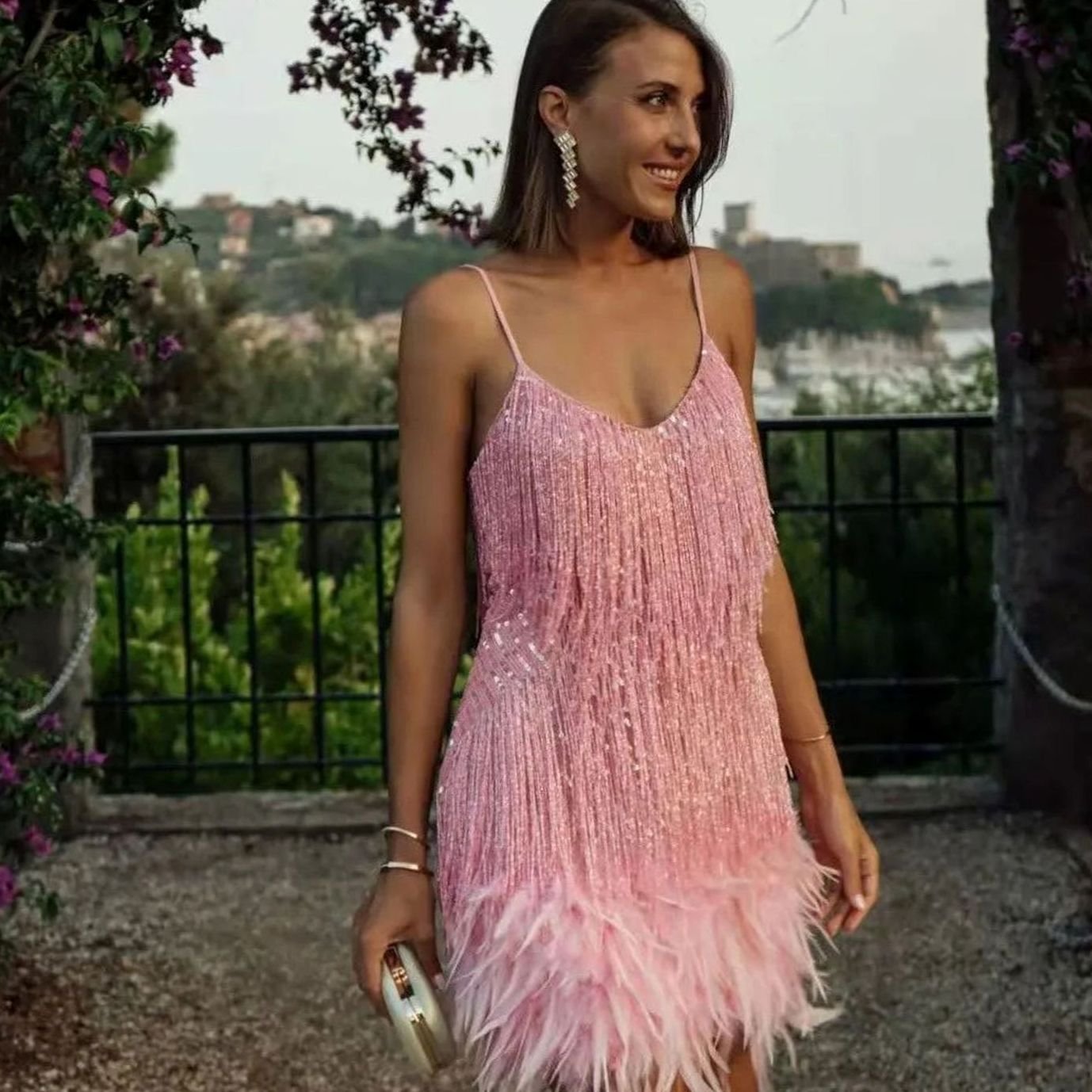 Callie | Women's Sequin Fringe Mini Cocktail Dress - Light Pink