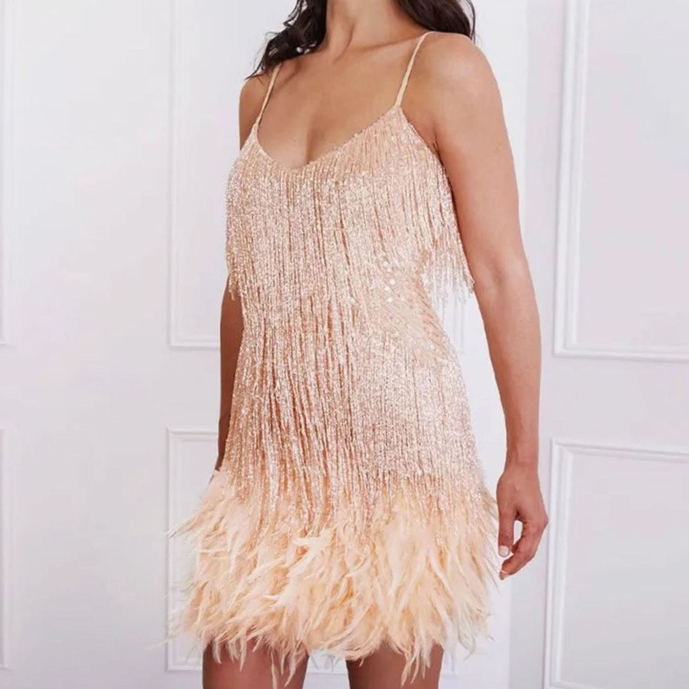 Callie | Women's Sequin Fringe Mini Cocktail Dress - Beige