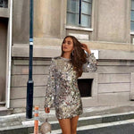Shelley | Women's Long Sleeve Sequin Mini Cocktail Dress - Silver