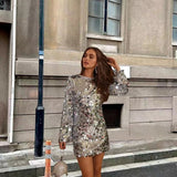 Shelley | Women's Long Sleeve Sequin Mini Cocktail Dress - Silver