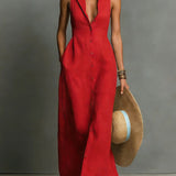 Linen Maxi Dress Sleeveless Collar Button-Front