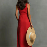 Linen Maxi Dress Sleeveless Collar Button-Front