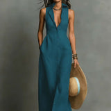 Linen Maxi Dress Sleeveless Collar Button-Front