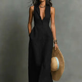 Linen Maxi Dress Sleeveless Collar Button-Front