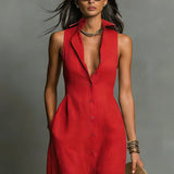 Linen Maxi Dress Sleeveless Collar Button-Front