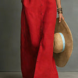 Linen Maxi Dress Sleeveless Collar Button-Front