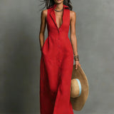 Linen Maxi Dress Sleeveless Collar Button-Front