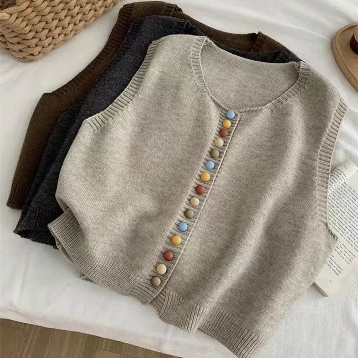 Vivian | Women's Sleeveless Button Front Cardigan - Grey