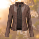 Sophie | Women's Faux Leather Slim Fit Biker Jacket - Dark Brown