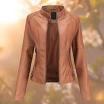 Sophie | Women's Faux Leather Slim Fit Biker Jacket - Brown