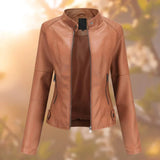 Sophie | Women's Faux Leather Slim Fit Biker Jacket - Brown