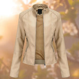 Sophie | Women's Faux Leather Slim Fit Biker Jacket - Beige