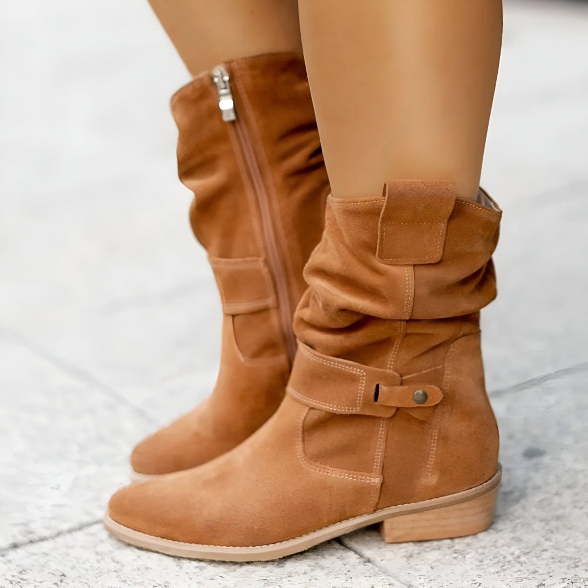 Francesca | Women's Block Heel Suede Look Mid Calf Knee-High Boots - Brown