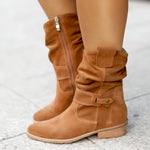 Francesca | Women's Block Heel Suede Look Mid Calf Knee-High Boots - Brown
