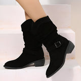 Francesca | Women's Block Heel Suede Look Mid Calf Knee-High Boots - Black