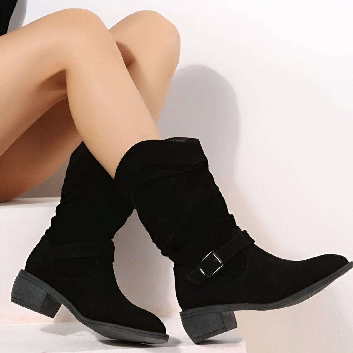 Francesca | Women's Block Heel Suede Look Mid Calf Knee-High Boots