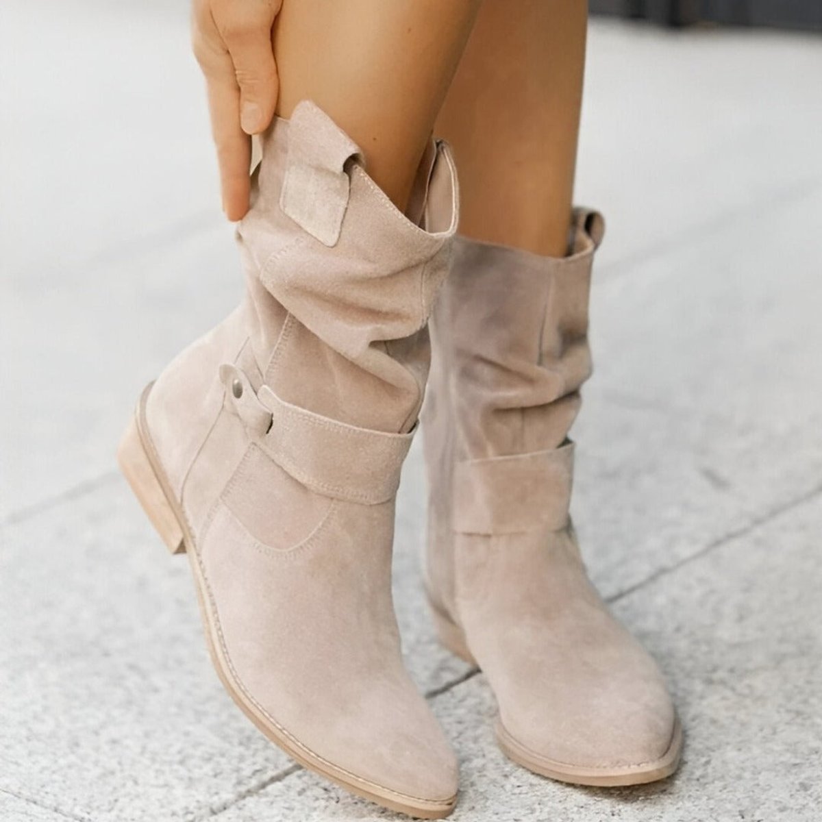 Francesca | Women's Block Heel Suede Look Mid Calf Knee-High Boots - Beige