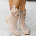 Francesca | Women's Block Heel Suede Look Mid Calf Knee-High Boots - Beige
