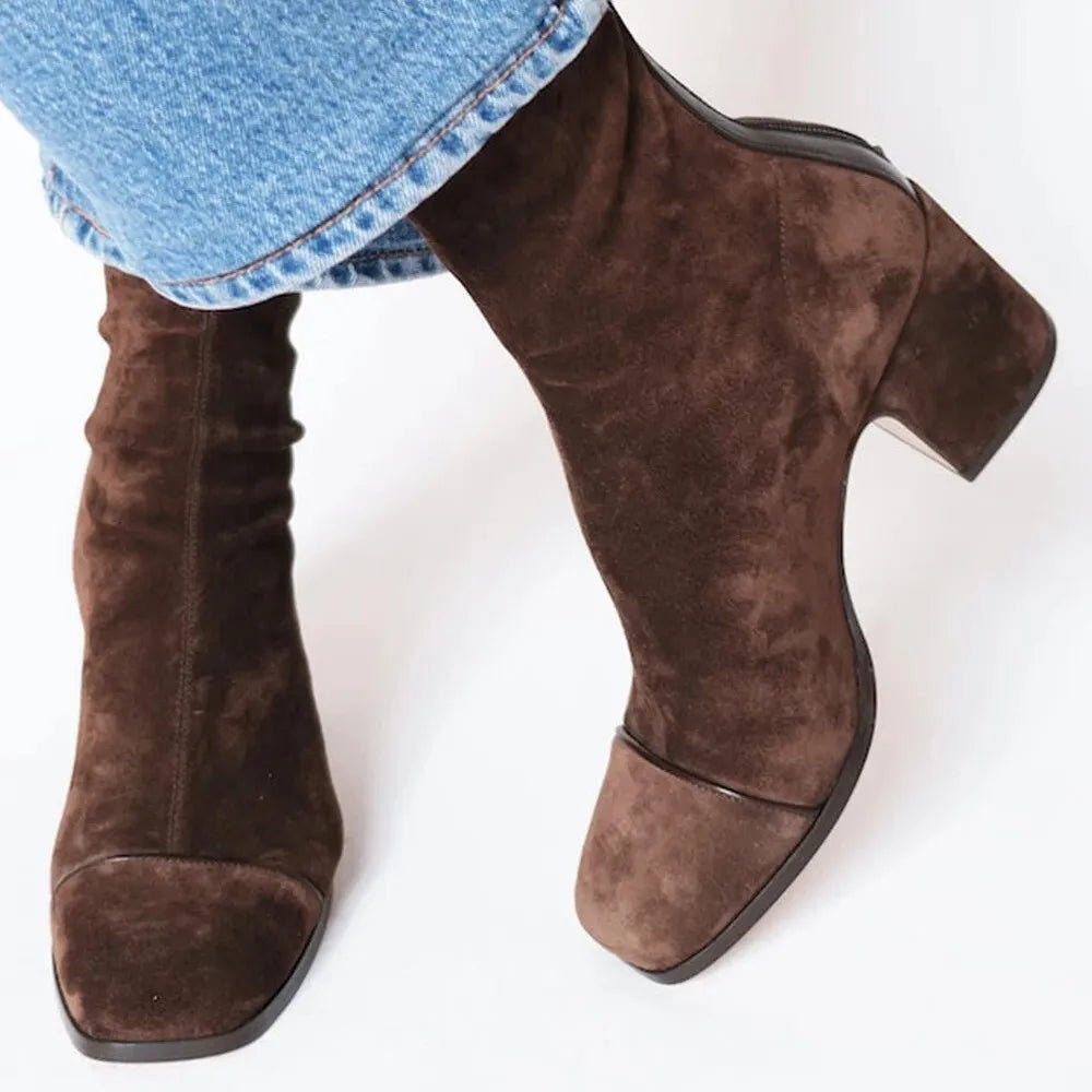 Catalina | Women's Block Heel Leather Look Square Toe Ankle Boots - Brown