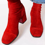 Catalina | Women's Block Heel Leather Look Square Toe Ankle Boots - Red