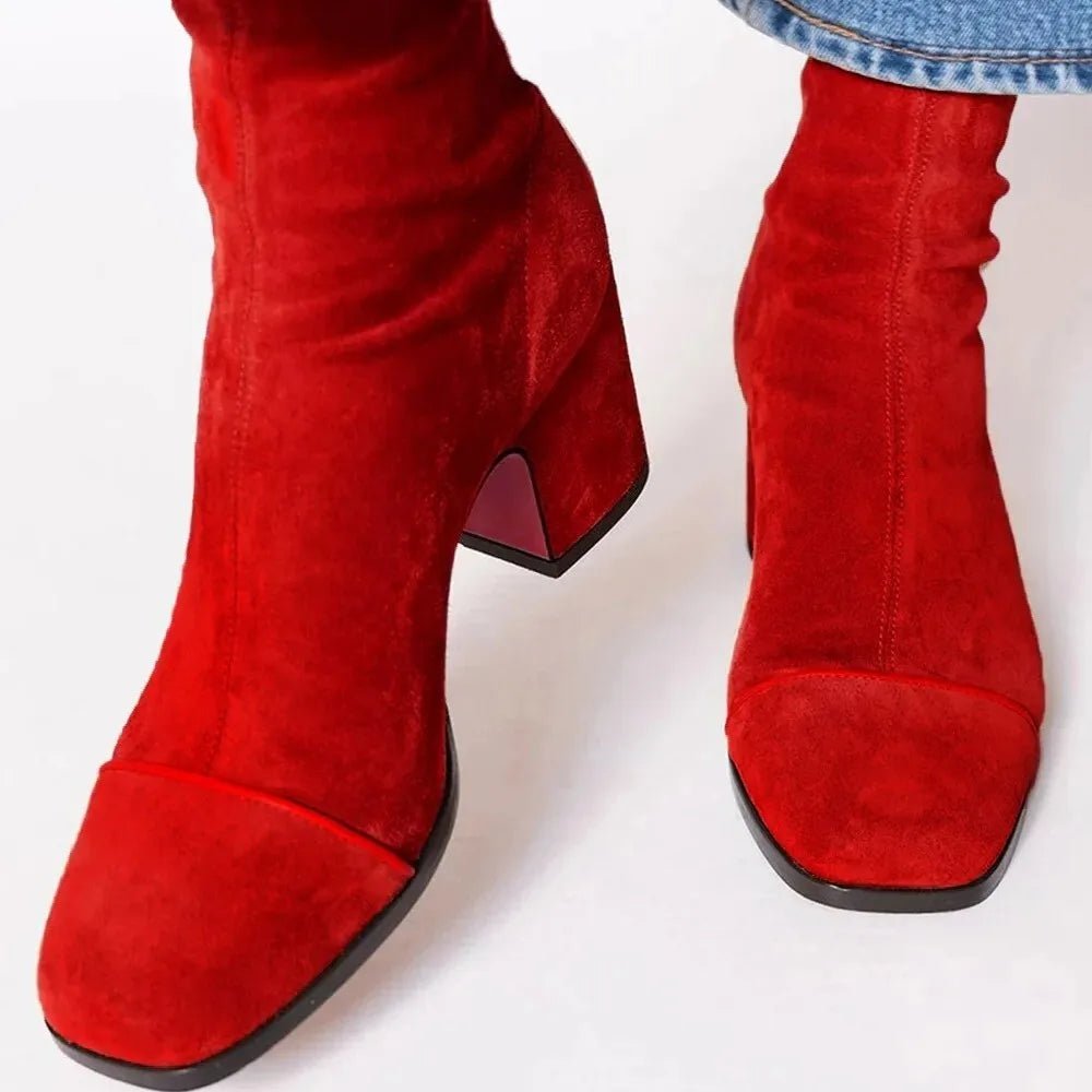 Catalina | Women's Block Heel Leather Look Square Toe Ankle Boots - Red