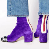 Catalina | Women's Block Heel Leather Look Square Toe Ankle Boots - Purple