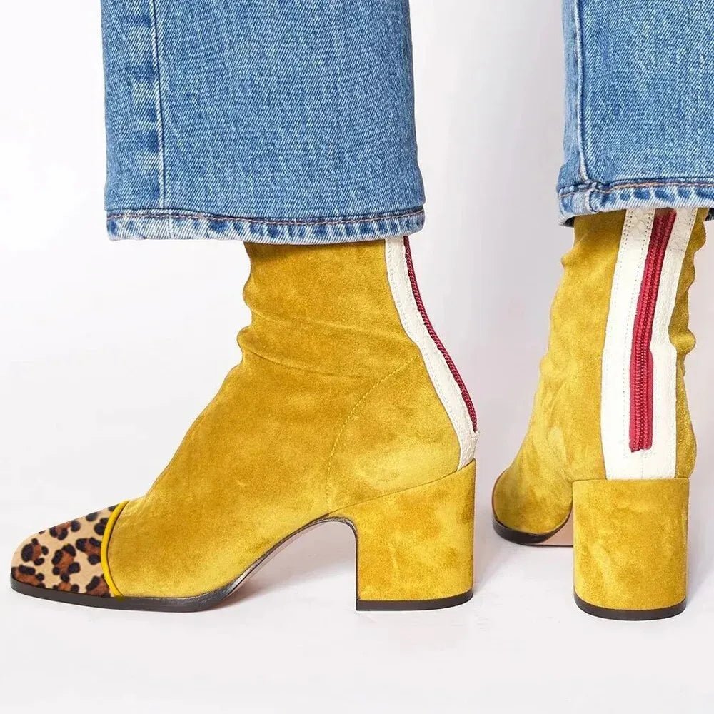 Catalina | Women's Block Heel Leather Look Square Toe Ankle Boots - Yellow