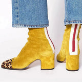 Catalina | Women's Block Heel Leather Look Square Toe Ankle Boots - Yellow