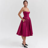 Isla | Women's Corset Satin Midi Cocktail Dress - Magenta