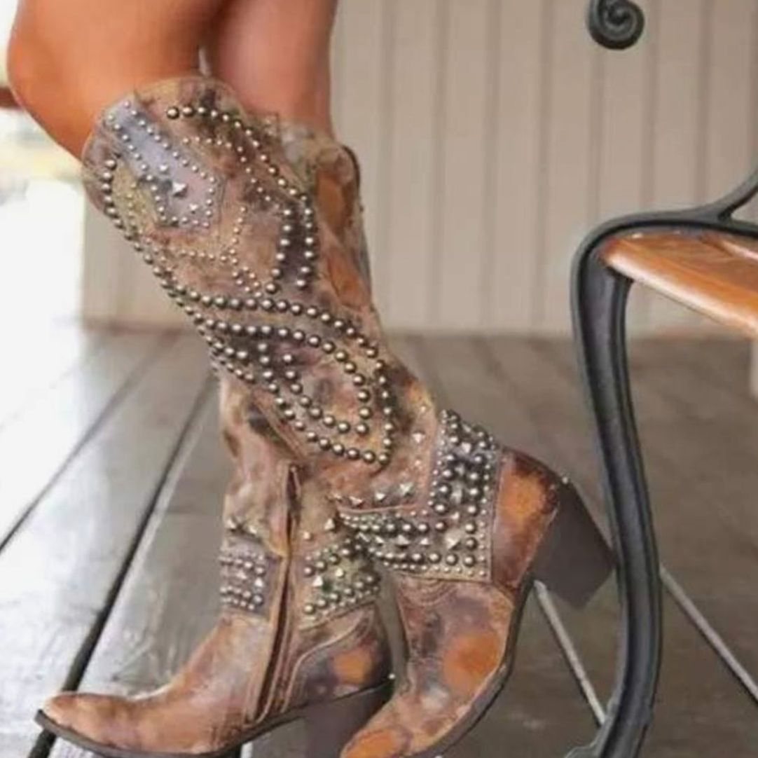 Christine | Women's Chunky Heel Studded Chunky Western Boots - Brown