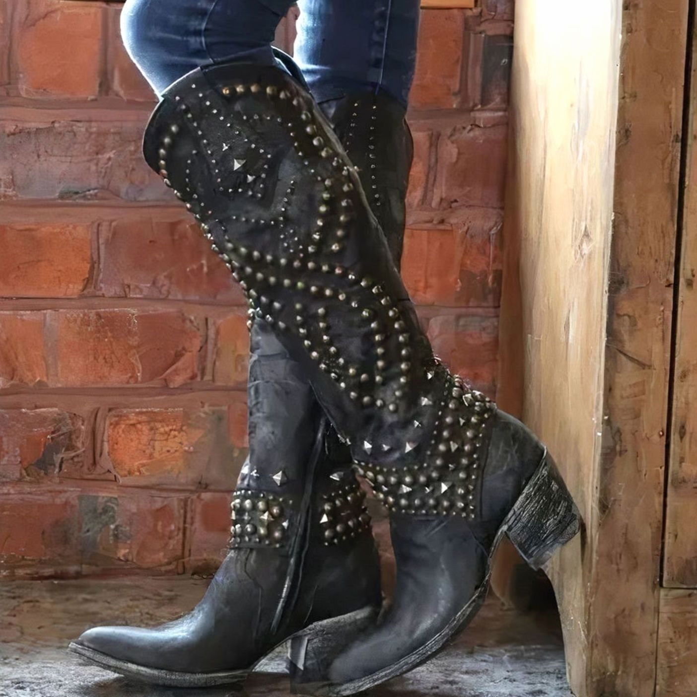 Christine | Women's Chunky Heel Studded Chunky Western Boots - Black