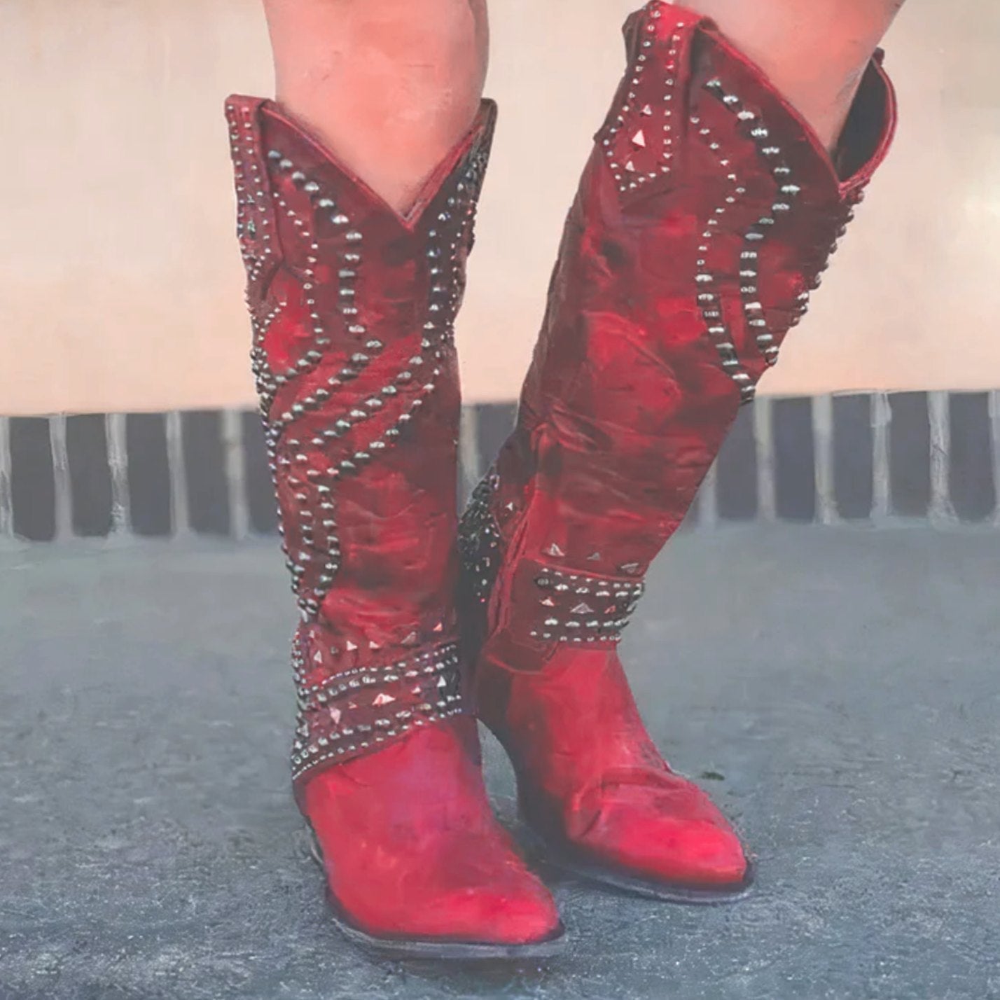 Christine | Women's Chunky Heel Studded Chunky Western Boots - Red