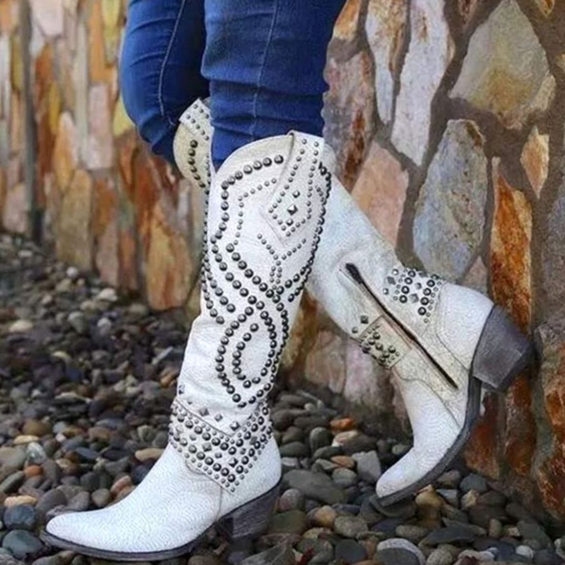Christine | Women's Chunky Heel Studded Chunky Western Boots - White