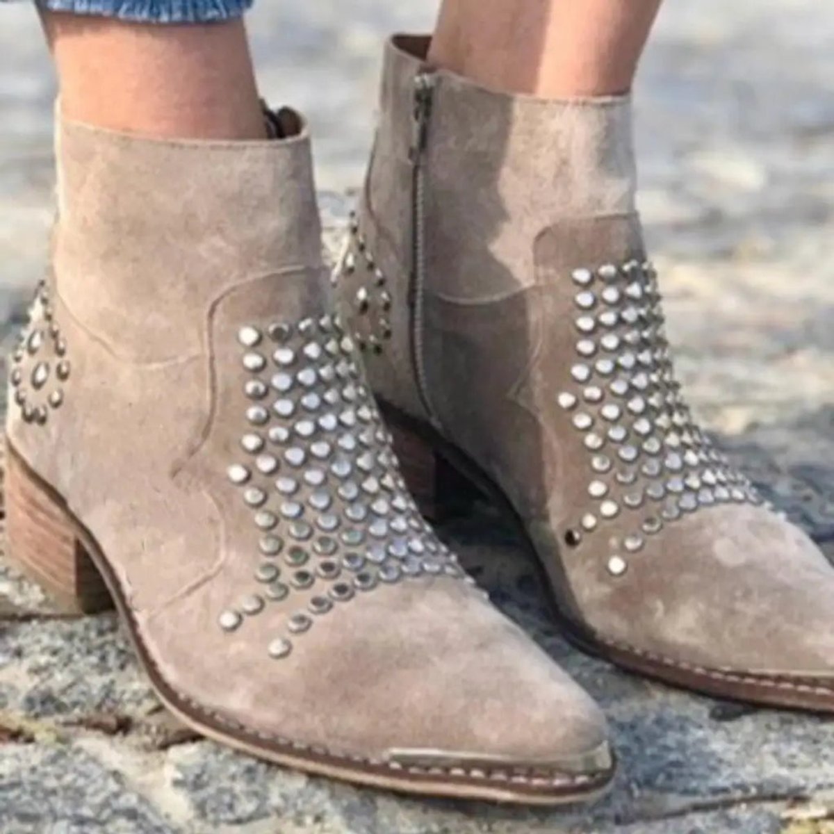 Piper | Women's Block Heel Suede Look Studded Ankle Boots